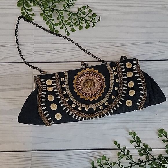 Coldwater Creek Black Beaded Boho Style Clutch Mini Handbag - Picture 11 of 11